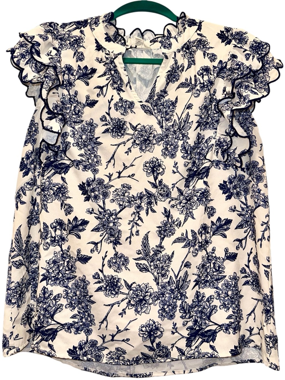 Navy & Ivory Vintage Floral Print Vneck Scalloped Short Sleeve Blouse SIZE SMALL